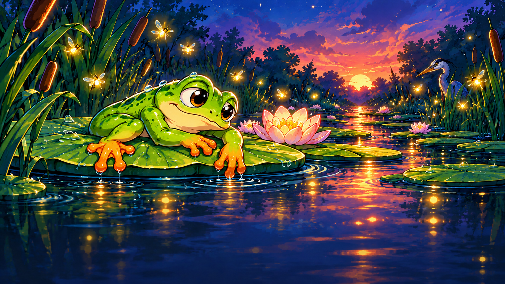 The tired frog rests on a lily pad at twilight while the heron watches from the reeds