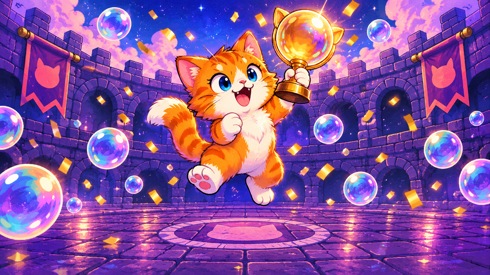 Orange cat celebrates with the golden Bubble Cup trophy