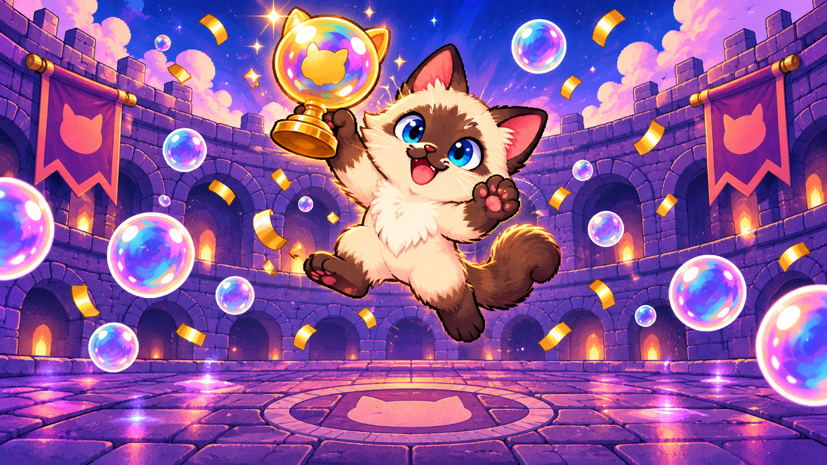 Siamese cat celebrates with the golden Bubble Cup trophy