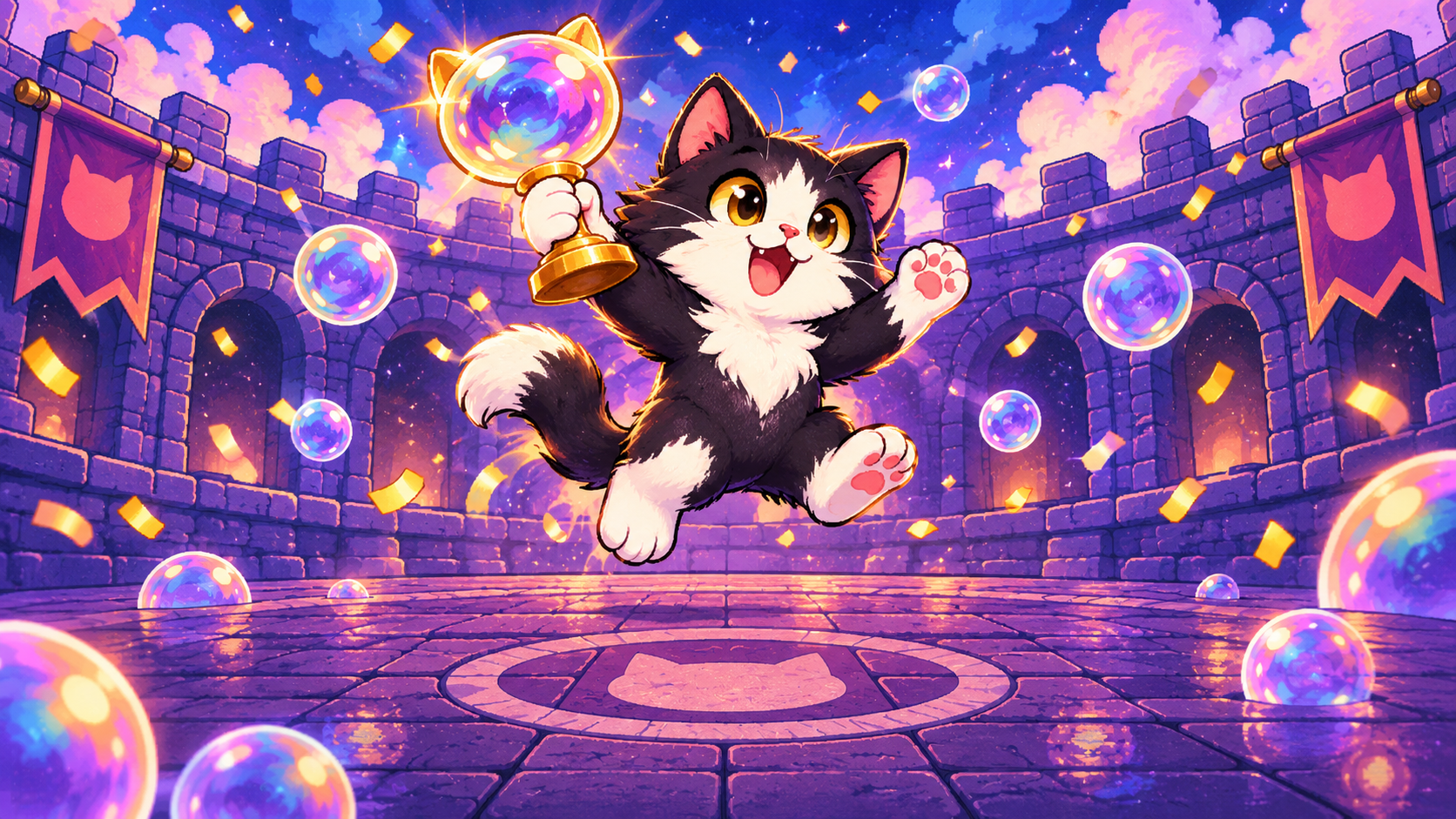 Tuxedo cat celebrates with the golden Bubble Cup trophy