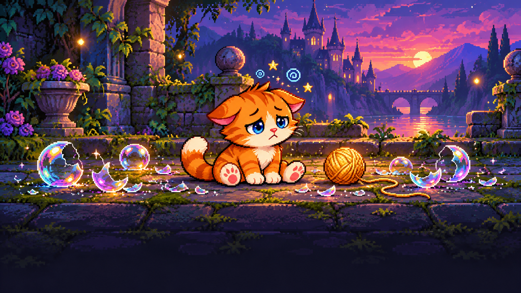 Bubble Cat sits defeated among popped bubbles