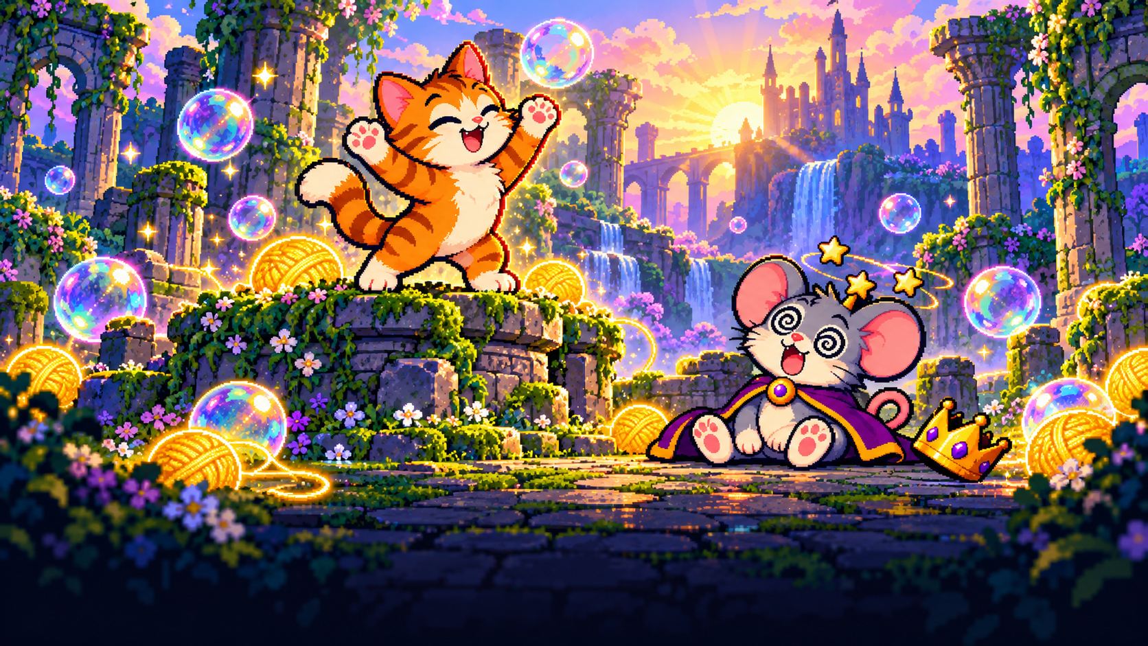 Bubble Cat celebrates above the defeated mouse king