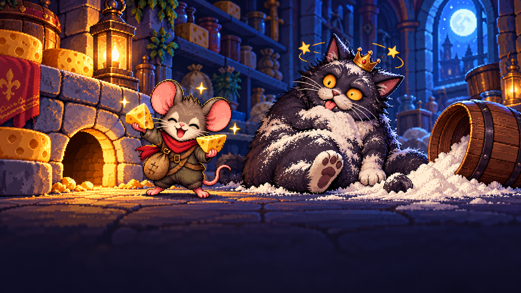 Mouse celebrates with golden cheese beside the flour-covered Royal Cat