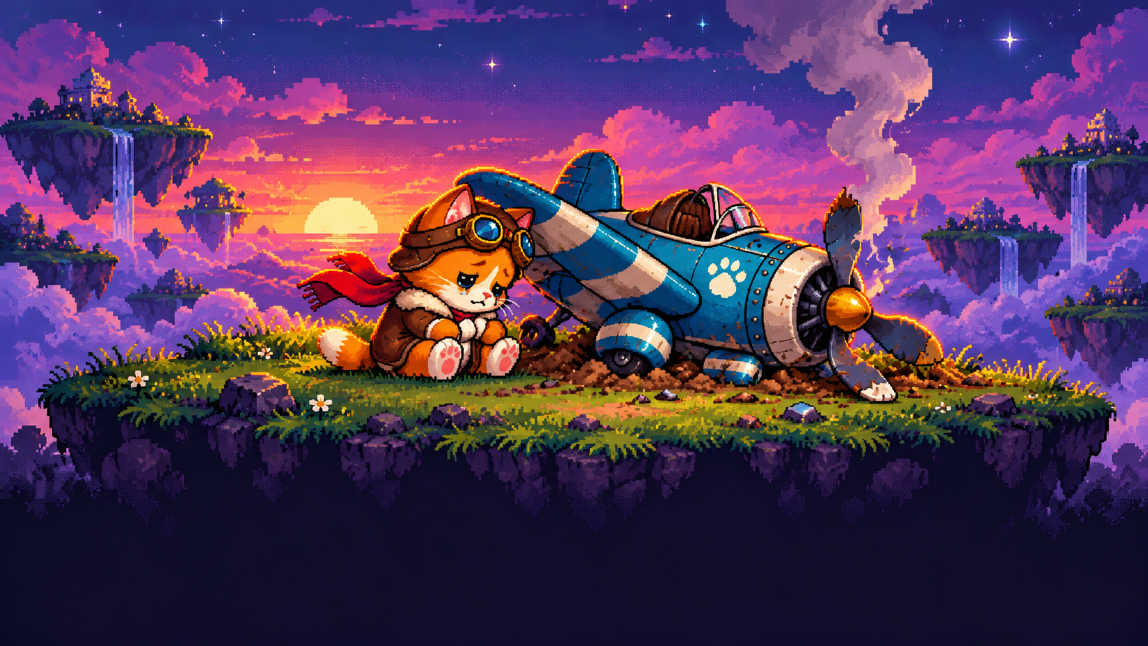 Sky Cat looks defeated beside the grounded plane