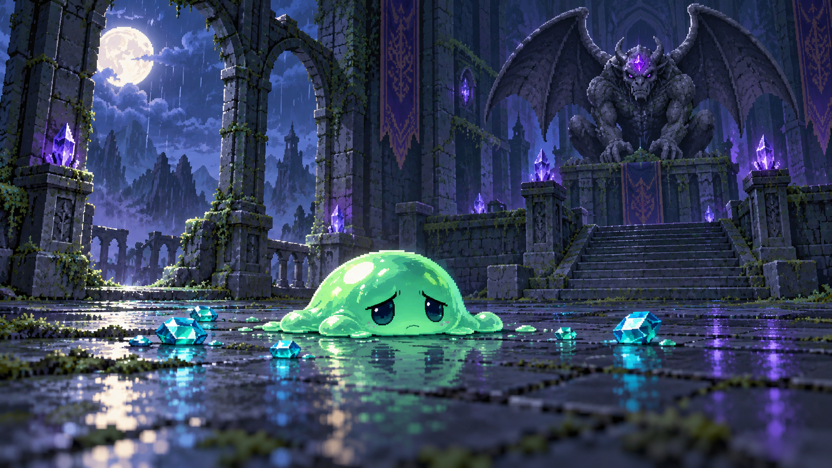 An exhausted slime rests in a puddle on the moonlit tower floor