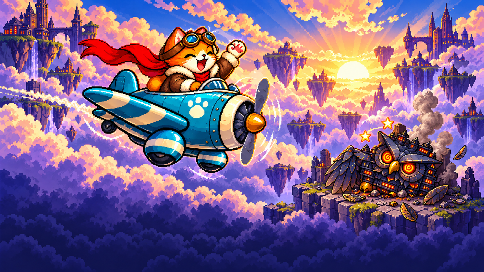 Sky Cat celebrates above the defeated owl bot